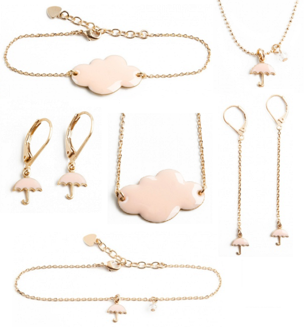 Powder pink clouds and umbrellas jewellery by Hop Hop Hop